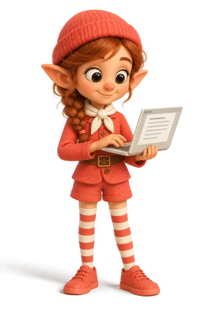 Benji, the writer elf, typing on a laptop