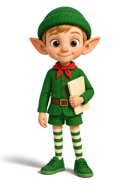 Bo, the brand keeper elf, wearing a red scarf and holding a notebook