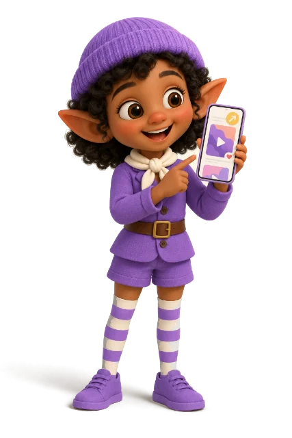 Coco, the trends elf, pointing at a phone playing a video
