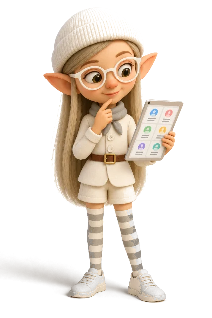 Gus, the competitor research elf, studying a tablet of profiles