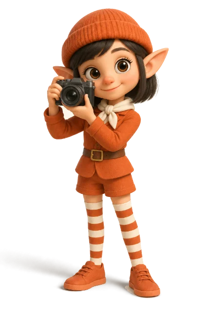Kiki, the image studio elf, taking a photo with a camera