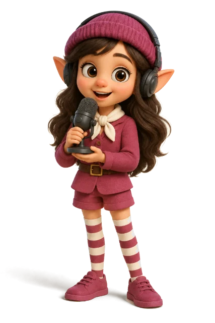 Lulu, the audio elf, wearing headphones and holding a microphone