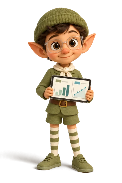 Miso, the analytics elf, wearing glasses and holding a tablet with charts