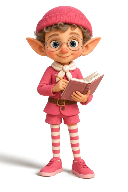 Momo, the planner elf, wearing glasses and holding an open planner
