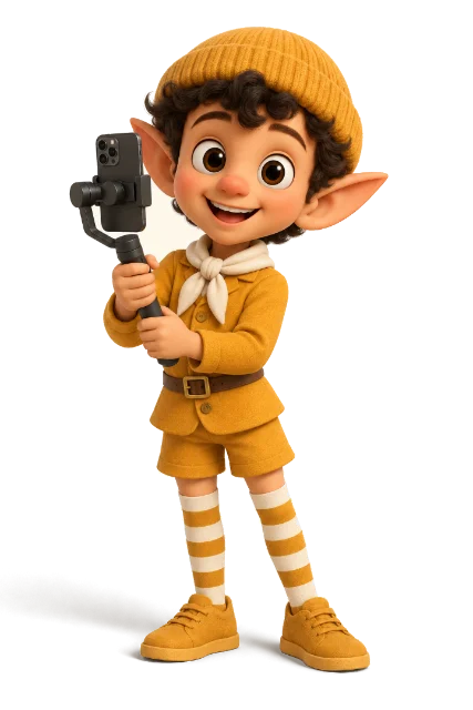 Rio, the video studio elf, filming with a phone on a gimbal