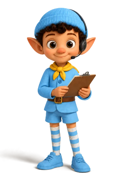 Ziggy, the team lead elf, wearing a headset and holding a clipboard