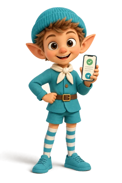 Zip, the publisher elf, holding a phone showing a published post